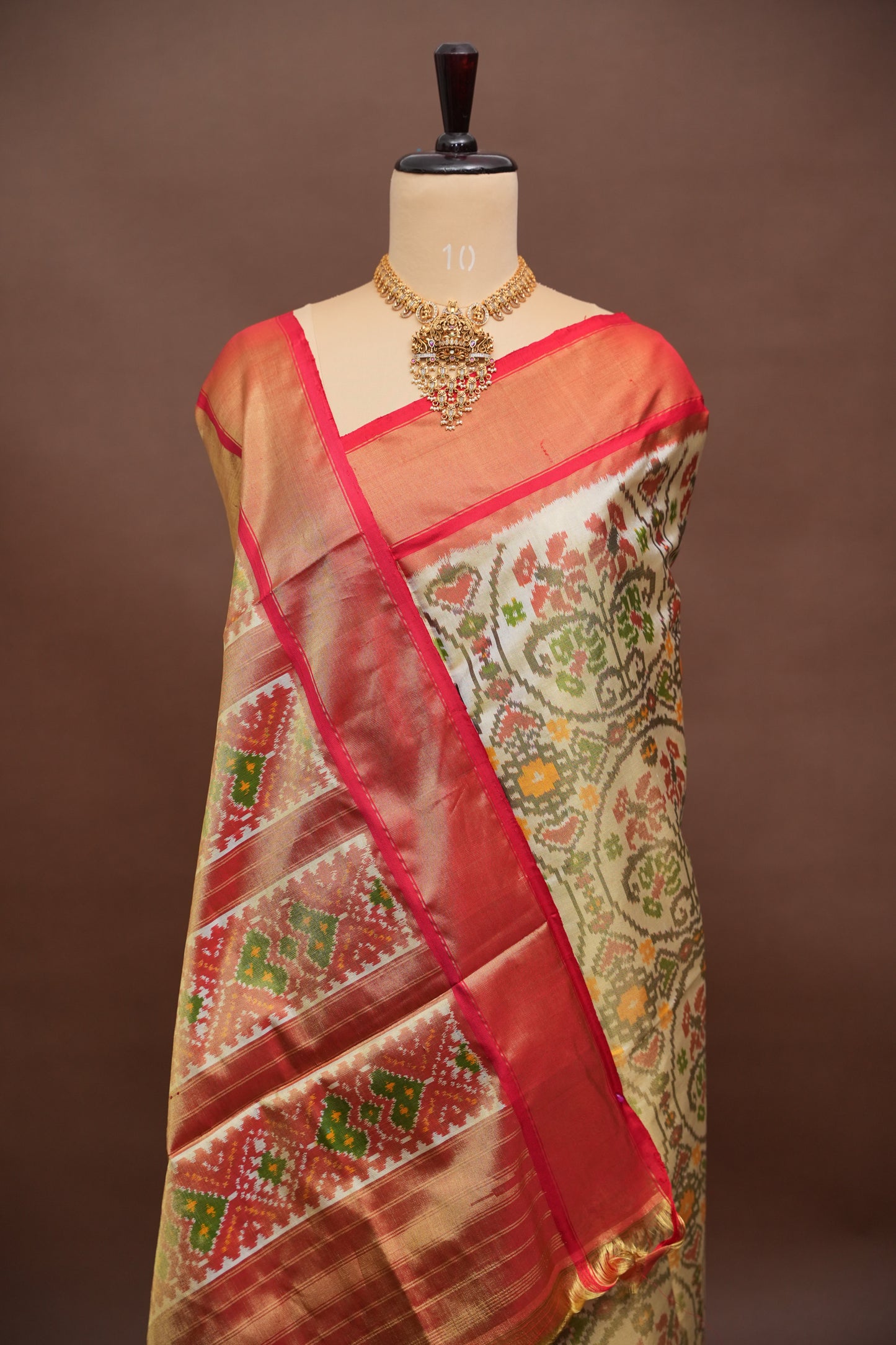 Pure Ikkat Soft Silk Saree - Ivory & Red