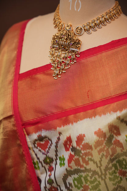 Pure Ikkat Soft Silk Saree - Ivory & Red