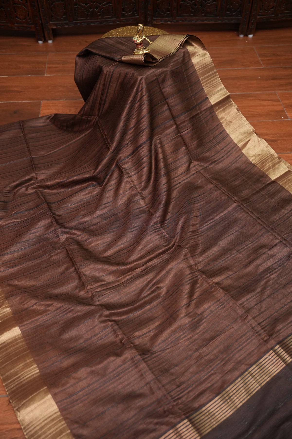 Soft Tussar Raw Silk Saree with Kalamkari Printed Blouse – Coffee Brown