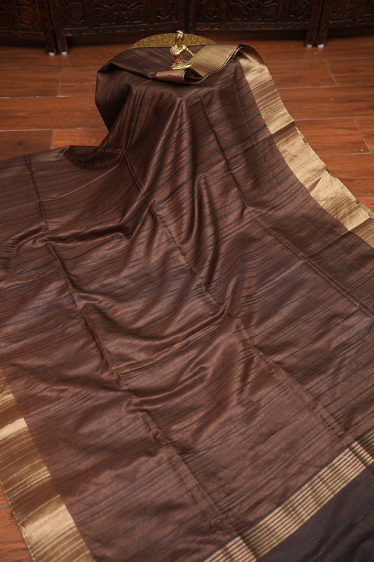 Soft Tussar Raw Silk Saree with Kalamkari Printed Blouse – Coffee Brown