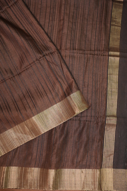 Soft Tussar Raw Silk Saree with Kalamkari Printed Blouse – Coffee Brown