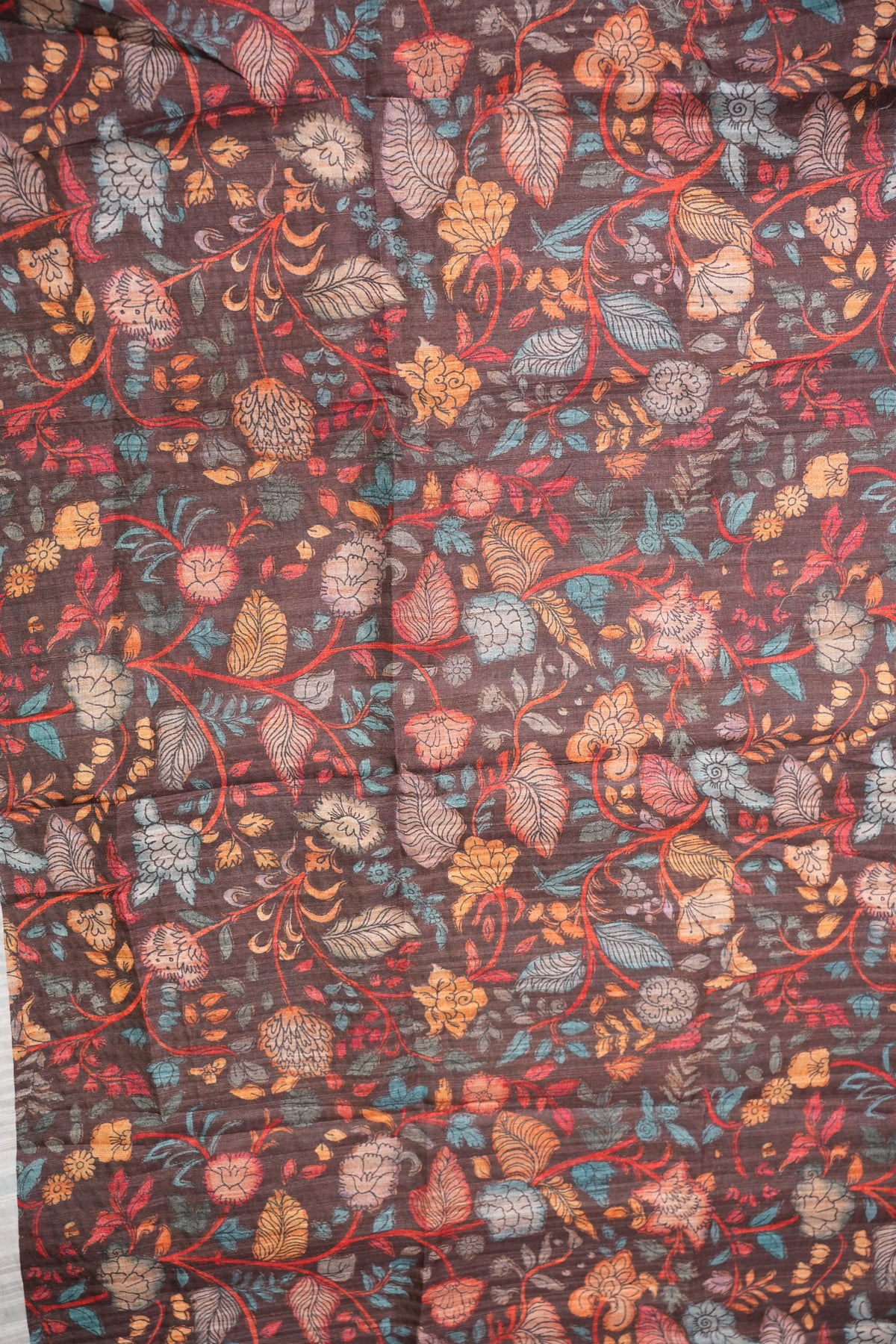 Soft Tussar Raw Silk Saree with Kalamkari Printed Blouse – Coffee Brown
