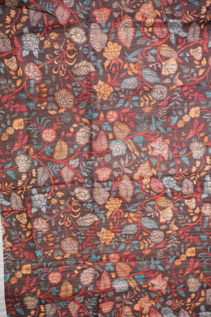 Soft Tussar Raw Silk Saree with Kalamkari Printed Blouse – Coffee Brown