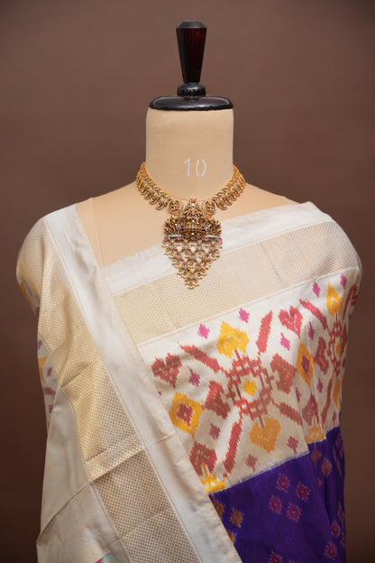 Pure Ikkat Soft Silk Saree - Purple & Ivory