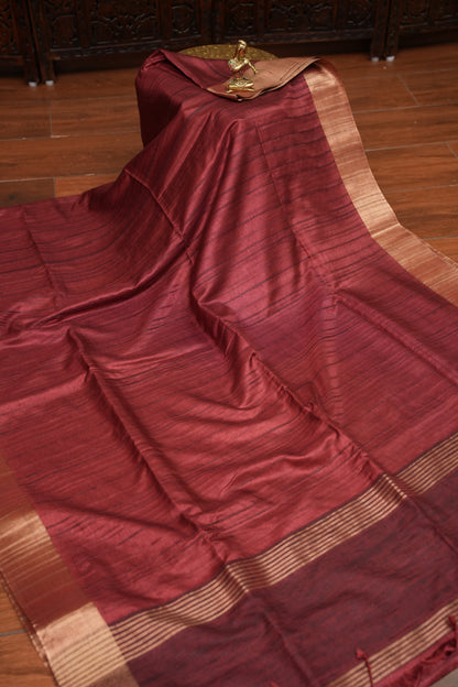 Soft Tussar Raw Silk Saree with Kalamkari Printed Blouse – Rust Red