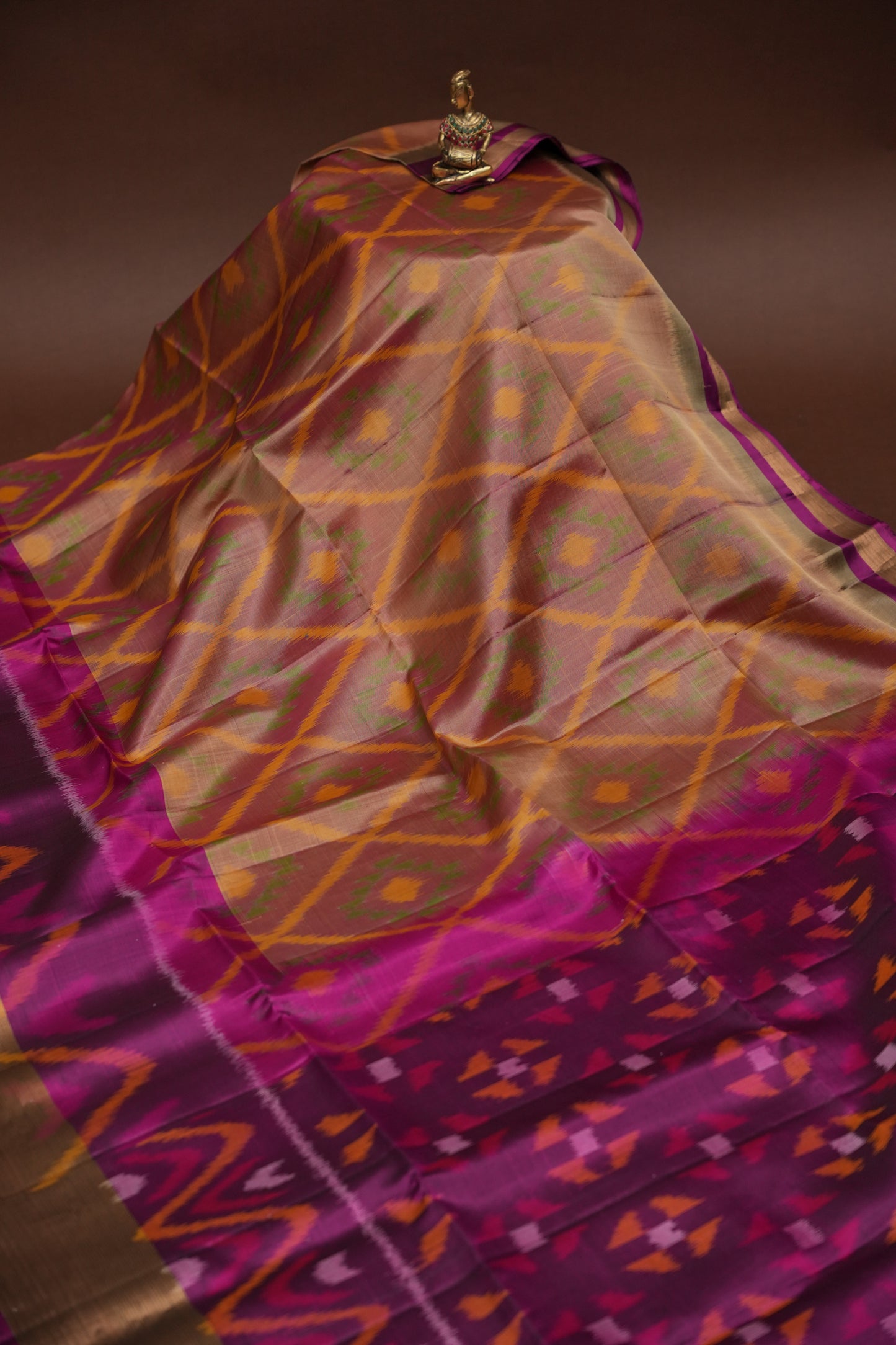 Pure Ikkat Soft Silk Saree - Gold & Pink