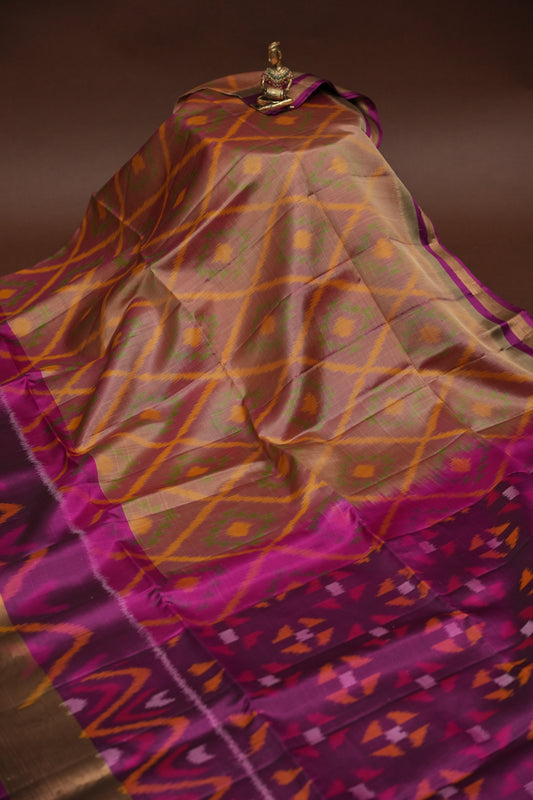 Pure Ikkat Soft Silk Saree - Gold & Pink