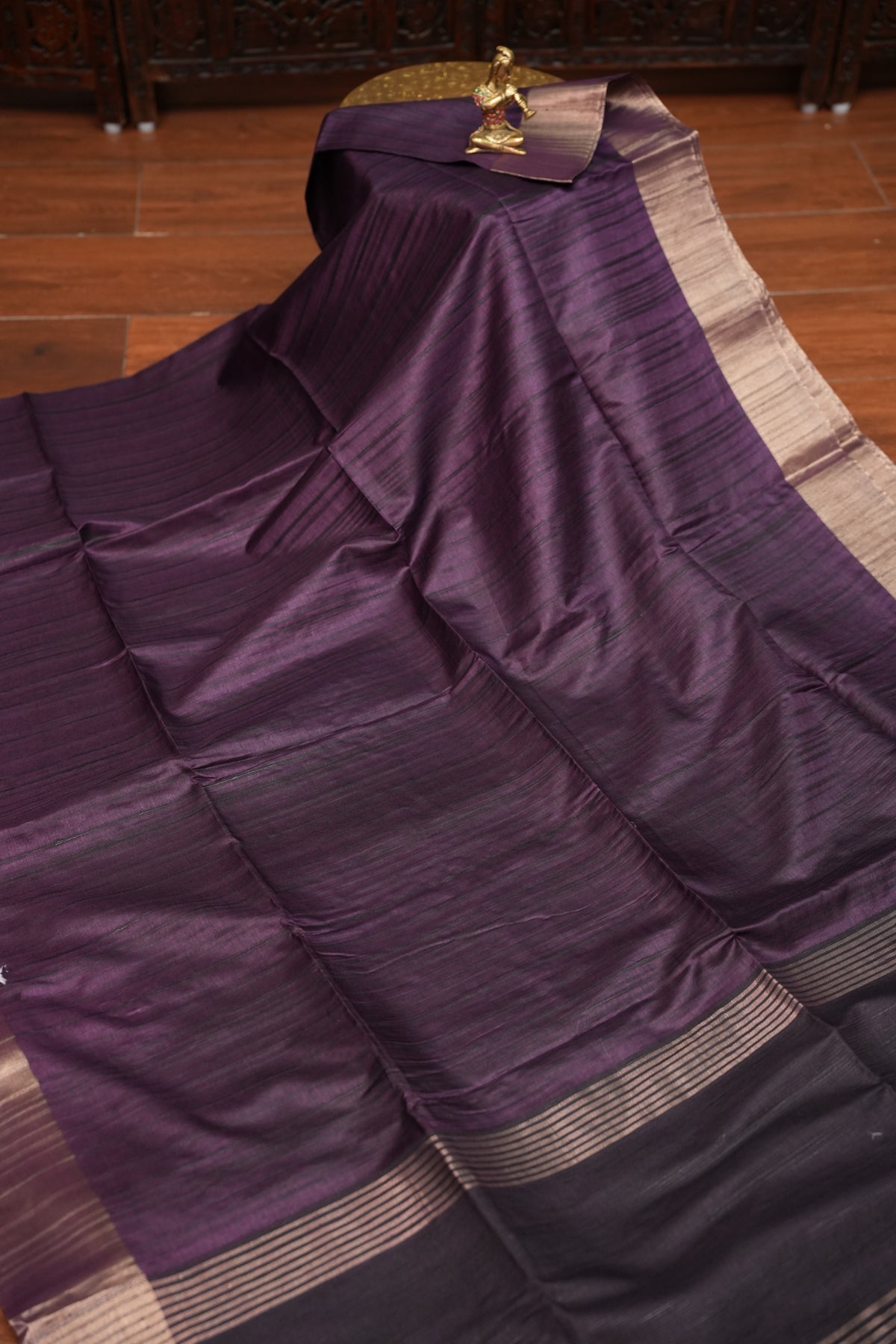 Soft Tussar Raw Silk Saree with Kalamkari Printed Blouse – Aubergine Purple