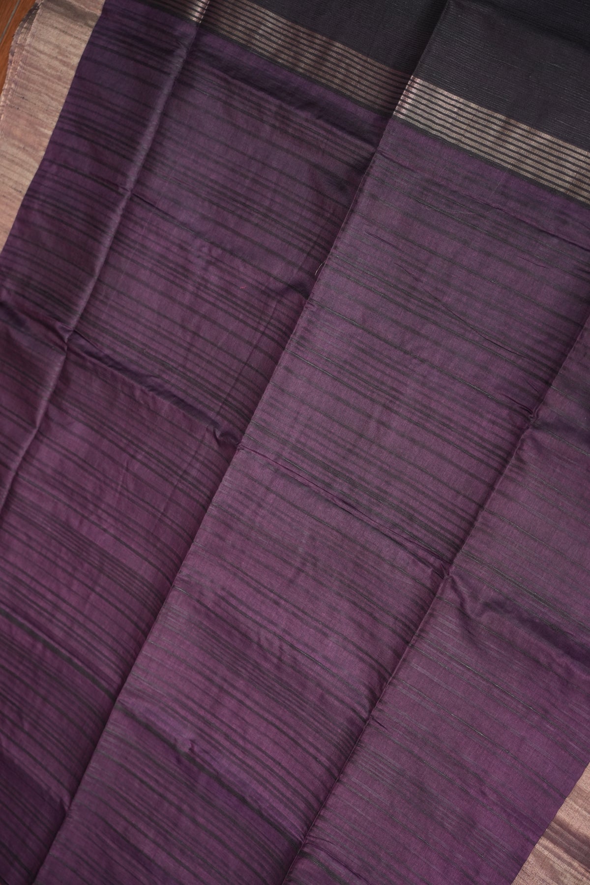 Soft Tussar Raw Silk Saree with Kalamkari Printed Blouse – Aubergine Purple