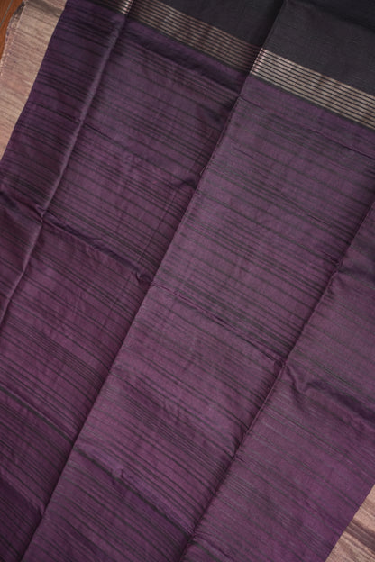 Soft Tussar Raw Silk Saree with Kalamkari Printed Blouse – Aubergine Purple