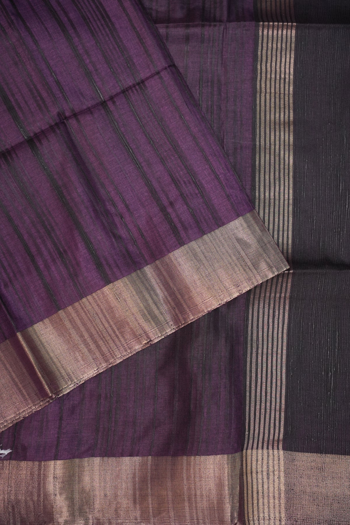 Soft Tussar Raw Silk Saree with Kalamkari Printed Blouse – Aubergine Purple