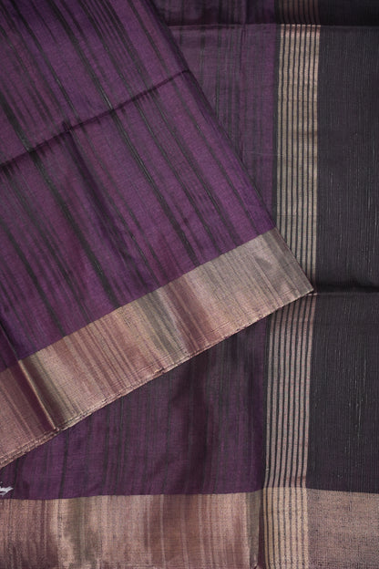Soft Tussar Raw Silk Saree with Kalamkari Printed Blouse – Aubergine Purple