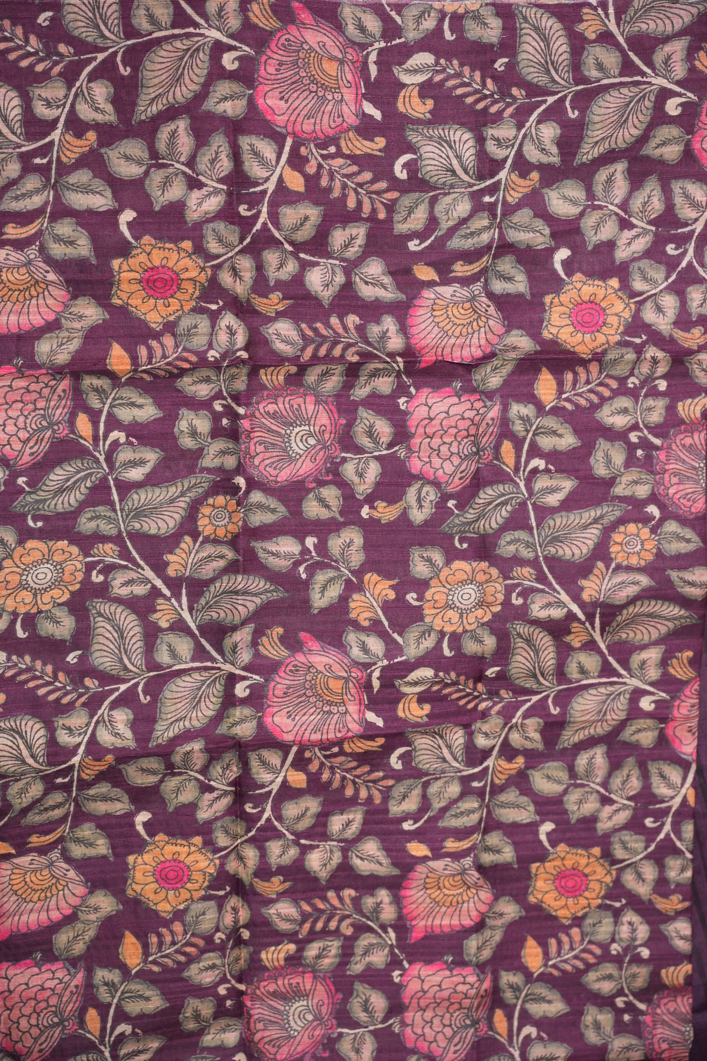 Soft Tussar Raw Silk Saree with Kalamkari Printed Blouse – Aubergine Purple