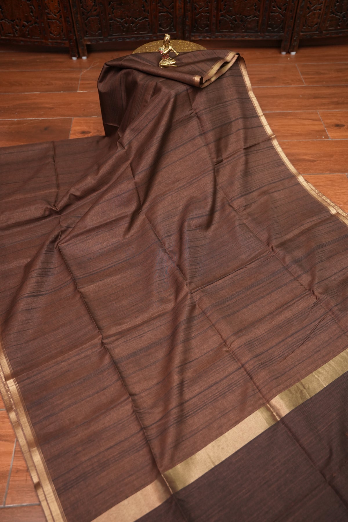 Soft Tussar Raw Silk Saree with Kalamkari Printed Blouse – Coffee Brown