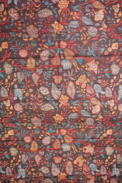 Soft Tussar Raw Silk Saree with Kalamkari Printed Blouse – Coffee Brown