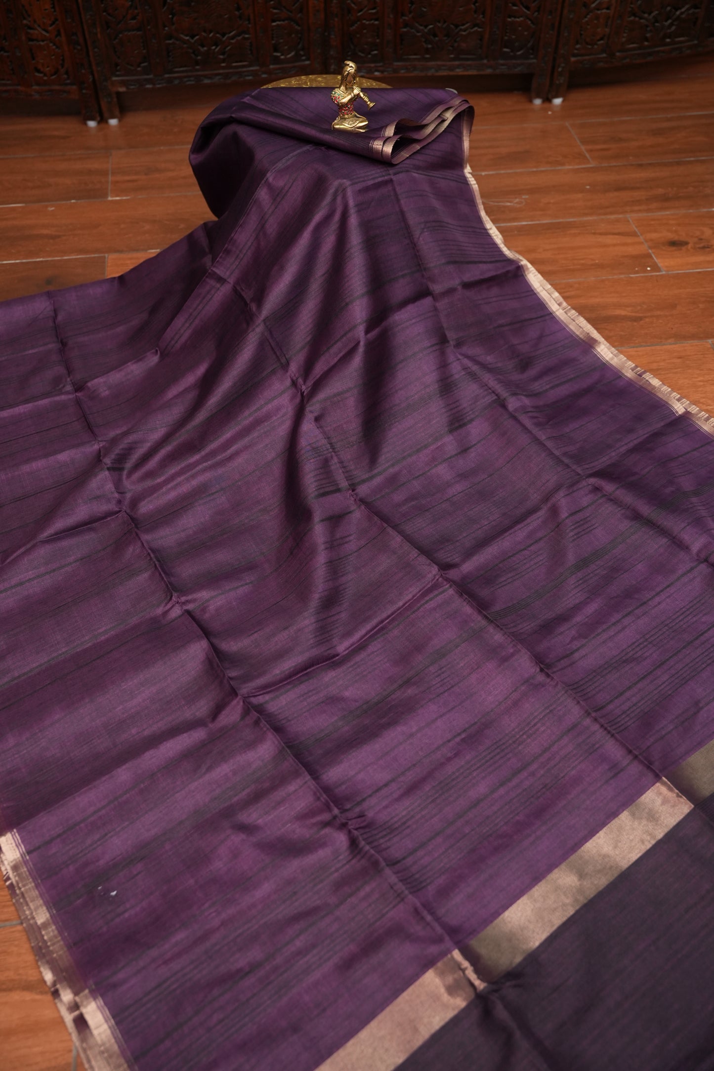 Soft Tussar Raw Silk Saree with Kalamkari Printed Blouse – Deep Purple