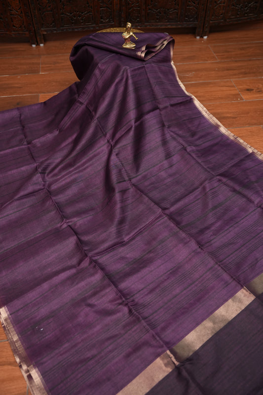 Soft Tussar Raw Silk Saree with Kalamkari Printed Blouse – Deep Purple