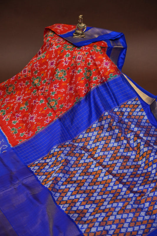 Pure Ikkat Soft Silk Saree - Red & Ink Blue