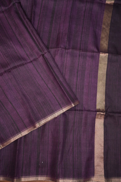 Soft Tussar Raw Silk Saree with Kalamkari Printed Blouse – Deep Purple