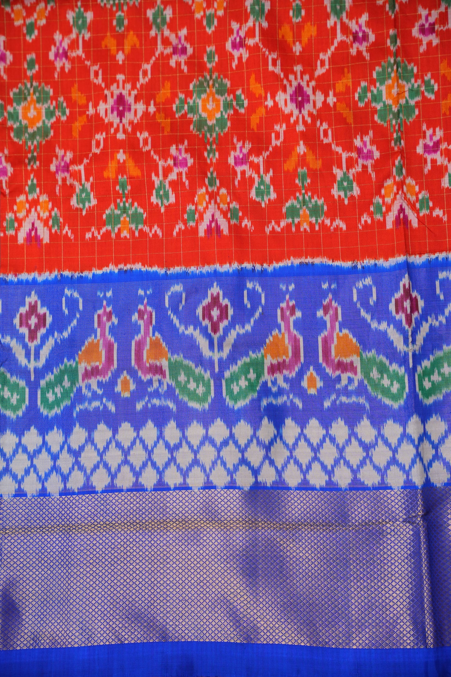 Pure Ikkat Soft Silk Saree - Red & Ink Blue