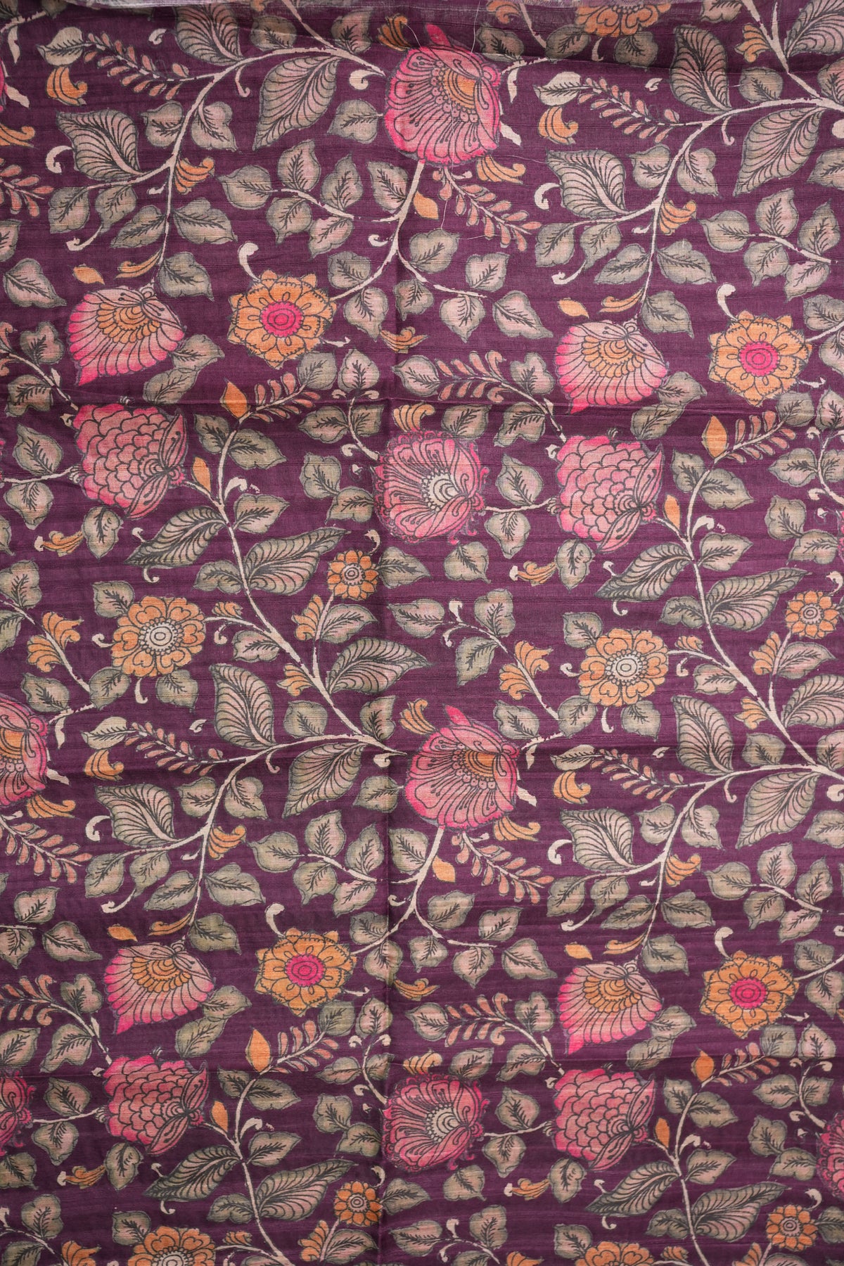 Soft Tussar Raw Silk Saree with Kalamkari Printed Blouse – Deep Purple
