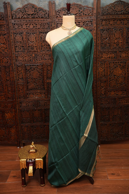 Soft Tussar Raw Silk Saree with Striped Matching Blouse – Emerald Green