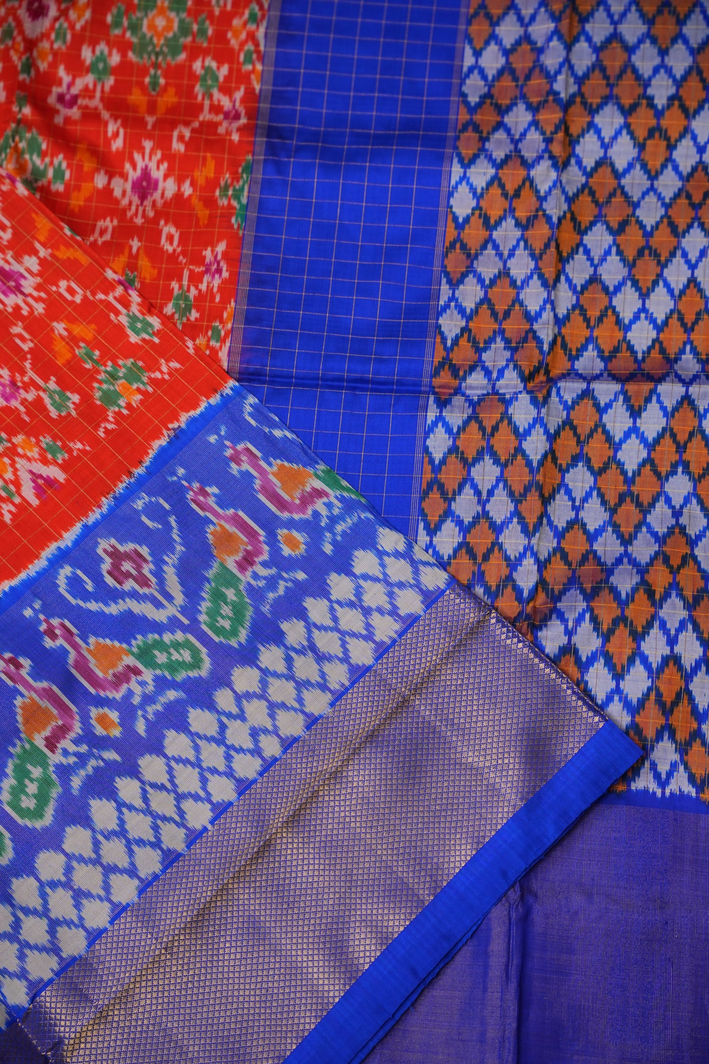 Pure Ikkat Soft Silk Saree - Red & Ink Blue