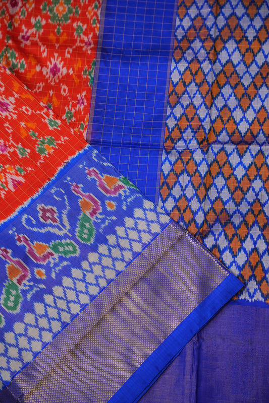 Pure Ikkat Soft Silk Saree - Red & Ink Blue