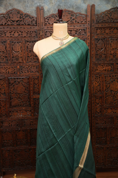 Soft Tussar Raw Silk Saree with Striped Matching Blouse – Emerald Green