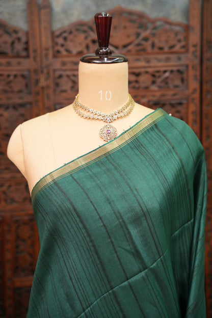 Soft Tussar Raw Silk Saree with Striped Matching Blouse – Emerald Green