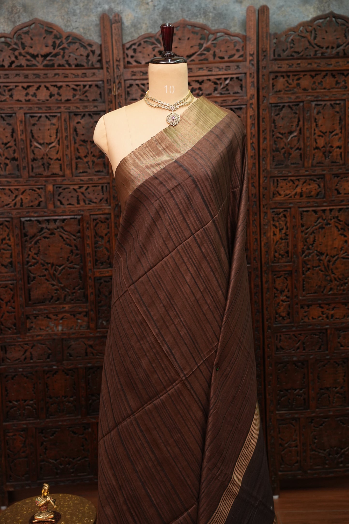 Soft Tussar Raw Silk Saree with Kalamkari Printed Blouse – Coffee Brown