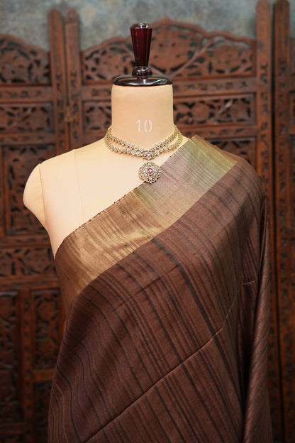 Soft Tussar Raw Silk Saree with Kalamkari Printed Blouse – Coffee Brown
