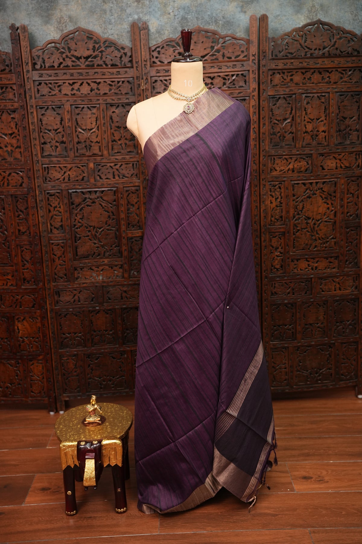 Soft Tussar Raw Silk Saree with Kalamkari Printed Blouse – Aubergine Purple