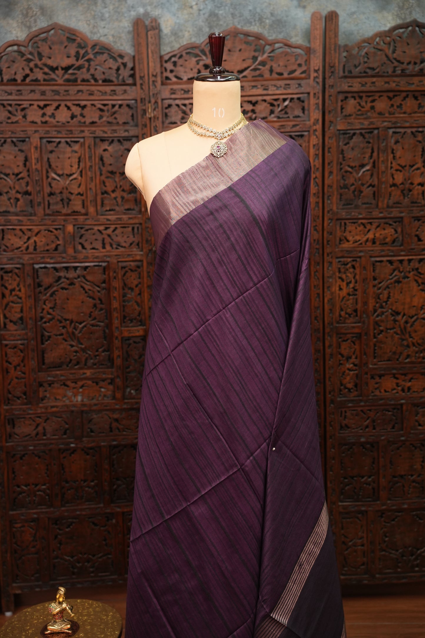 Soft Tussar Raw Silk Saree with Kalamkari Printed Blouse – Aubergine Purple