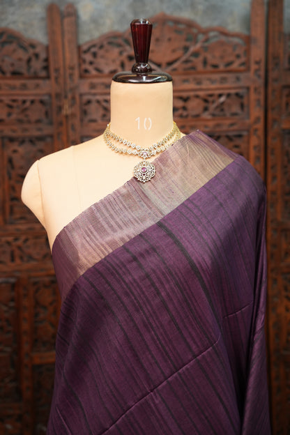 Soft Tussar Raw Silk Saree with Kalamkari Printed Blouse – Aubergine Purple