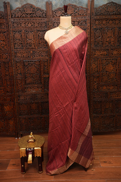 Soft Tussar Raw Silk Saree with Kalamkari Printed Blouse – Rust Red