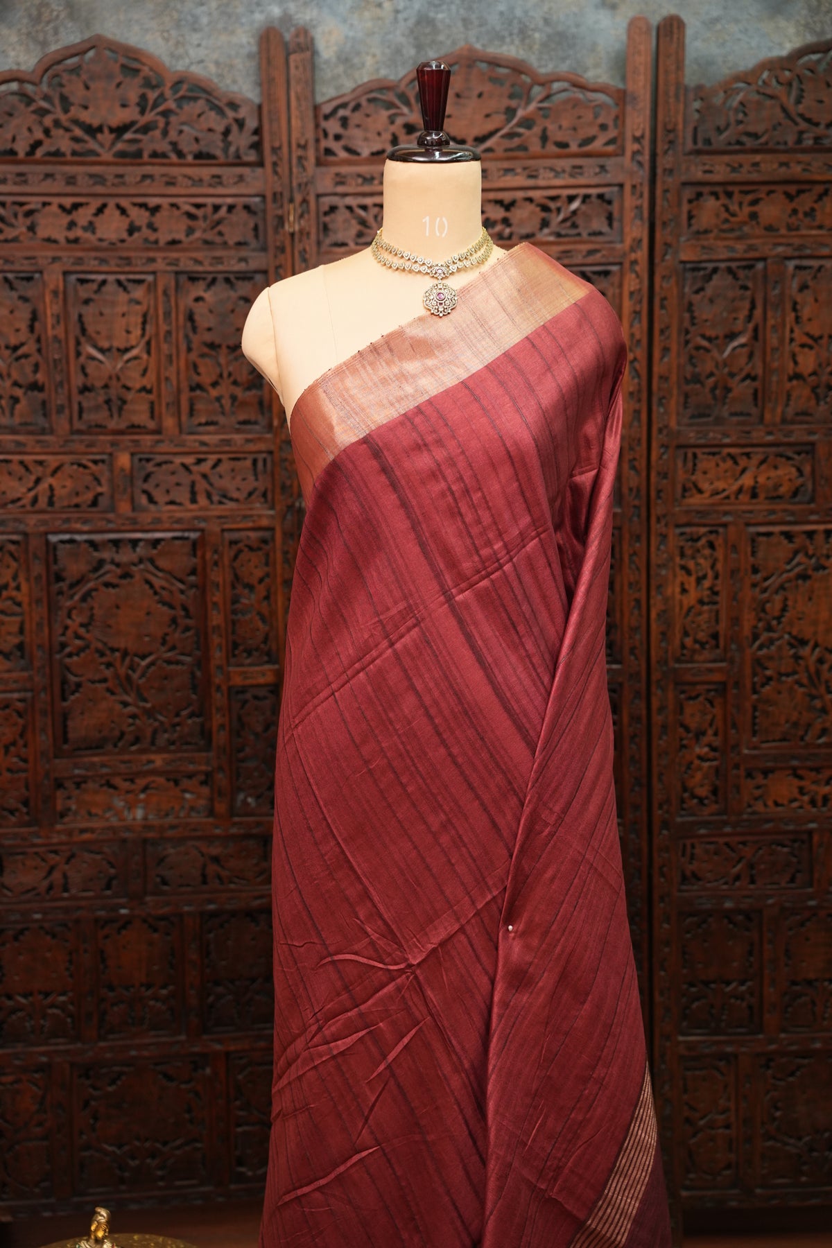 Soft Tussar Raw Silk Saree with Kalamkari Printed Blouse – Rust Red