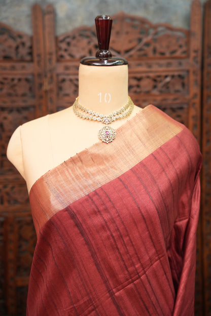 Soft Tussar Raw Silk Saree with Kalamkari Printed Blouse – Rust Red