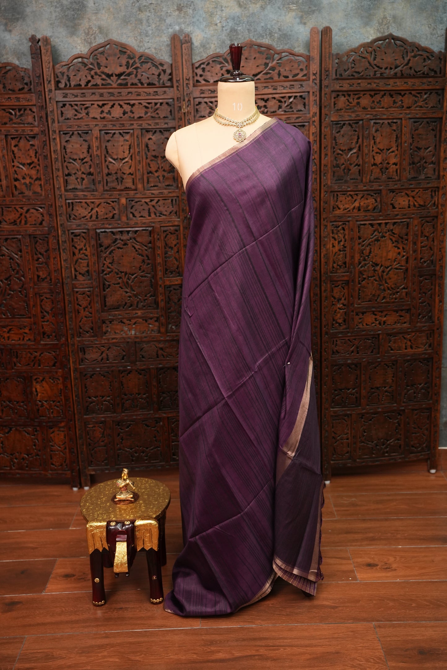 Soft Tussar Raw Silk Saree with Kalamkari Printed Blouse – Deep Purple