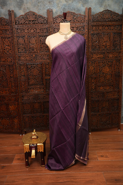 Soft Tussar Raw Silk Saree with Kalamkari Printed Blouse – Deep Purple