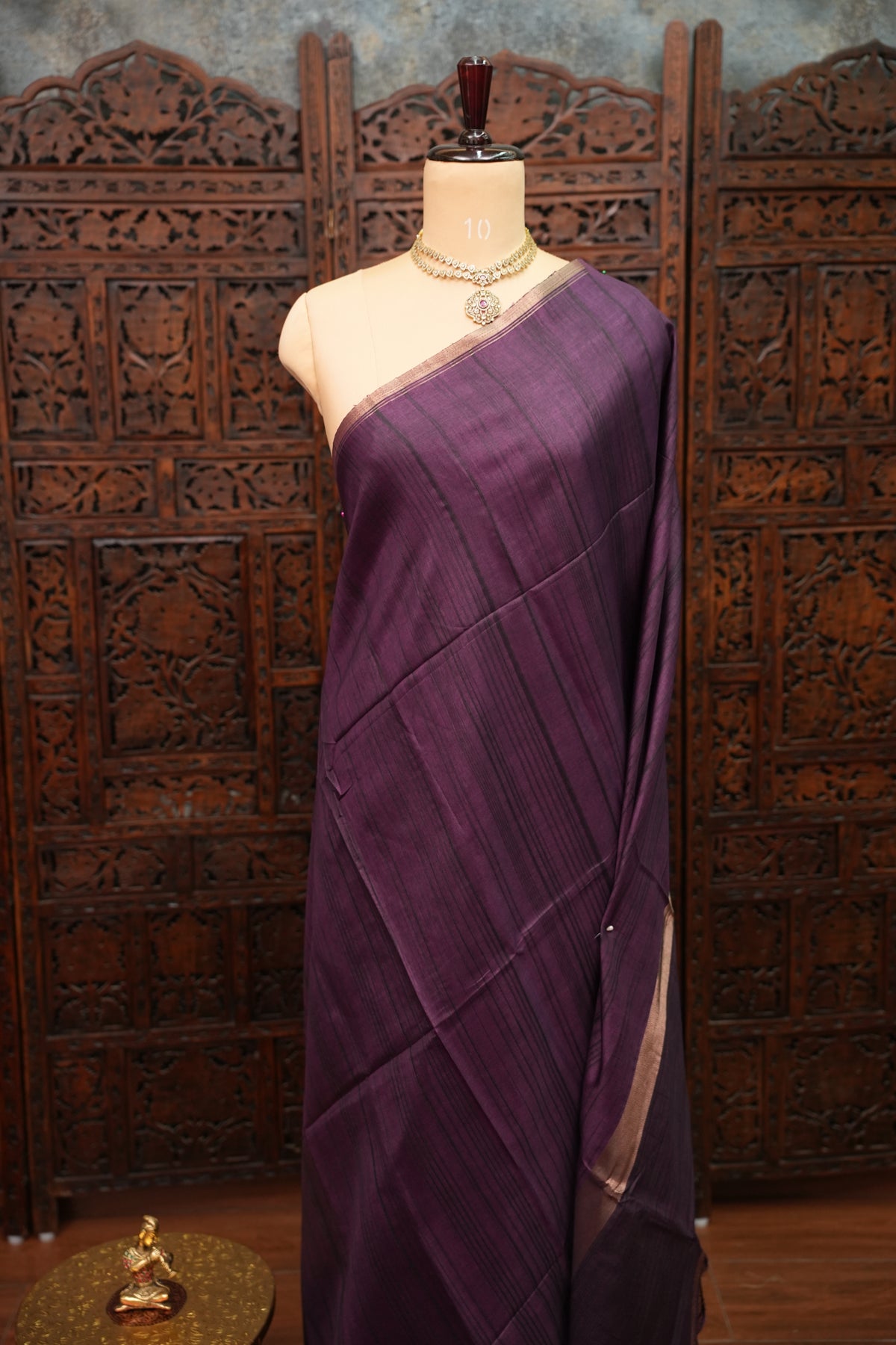 Soft Tussar Raw Silk Saree with Kalamkari Printed Blouse – Deep Purple