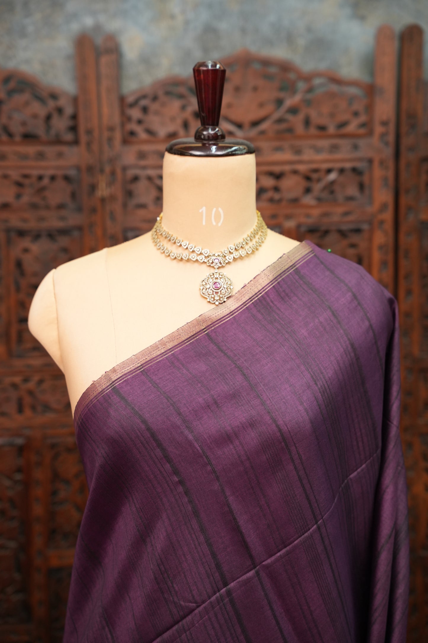 Soft Tussar Raw Silk Saree with Kalamkari Printed Blouse – Deep Purple