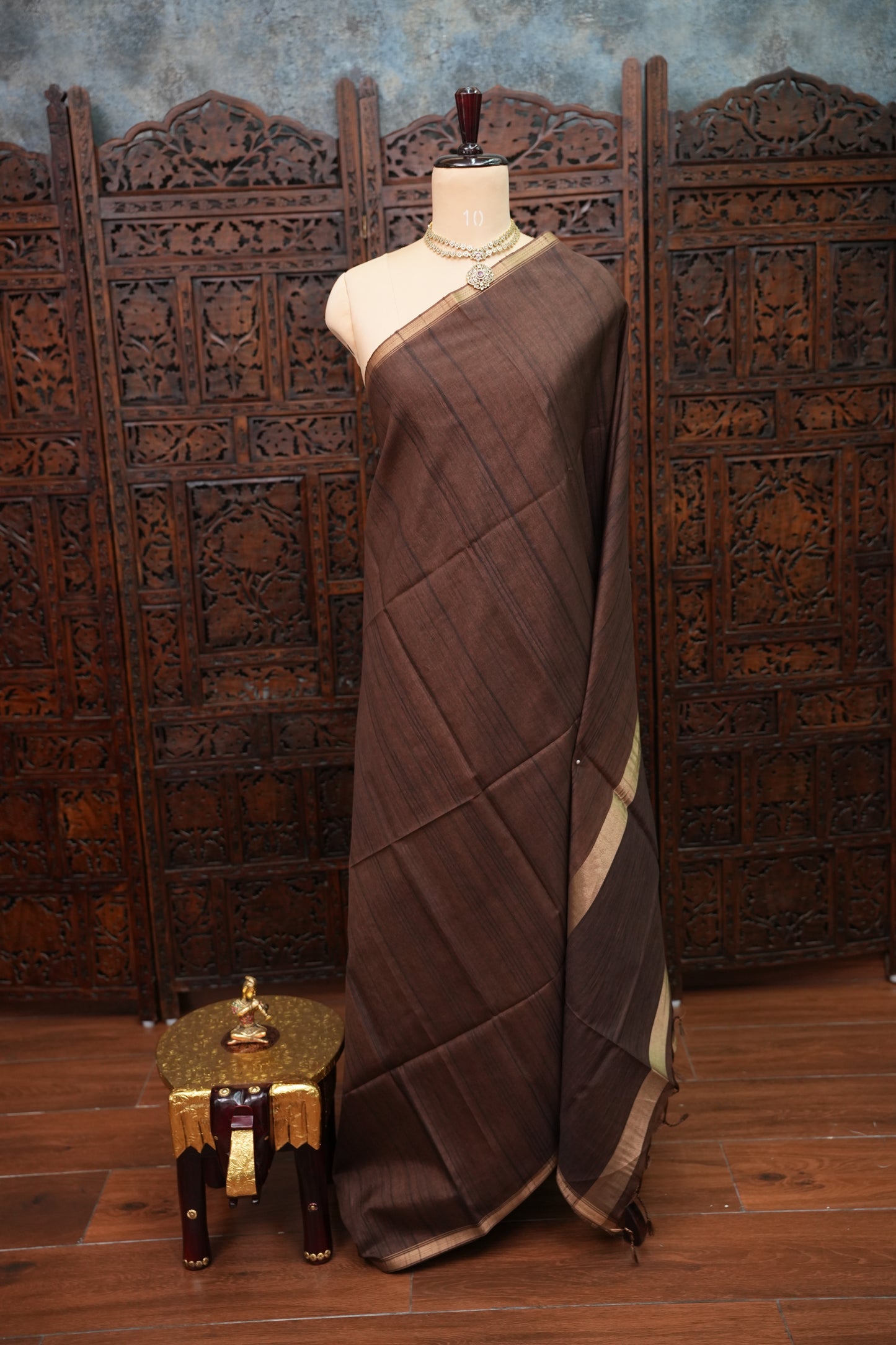 Soft Tussar Raw Silk Saree with Kalamkari Printed Blouse – Coffee Brown