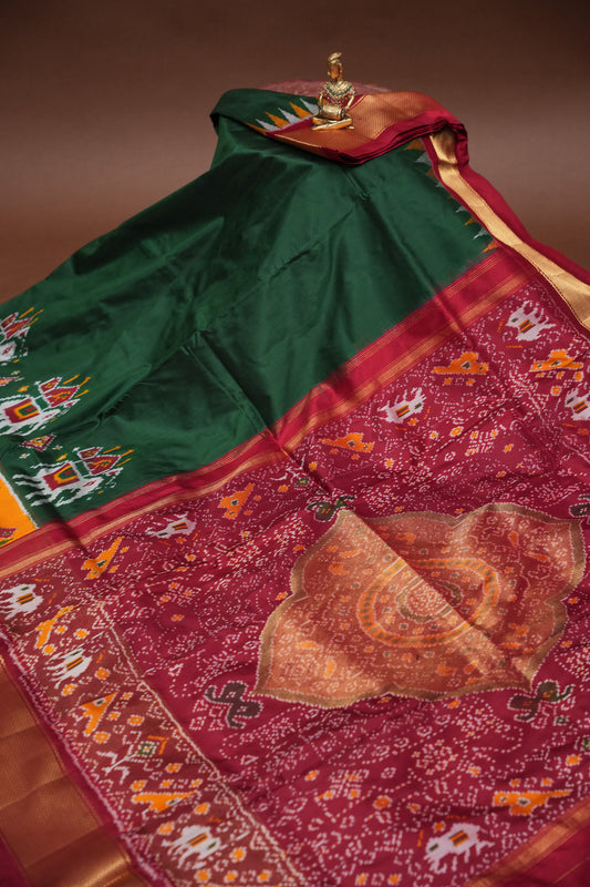 Pure Ikkat Soft Silk Saree - Green & Red