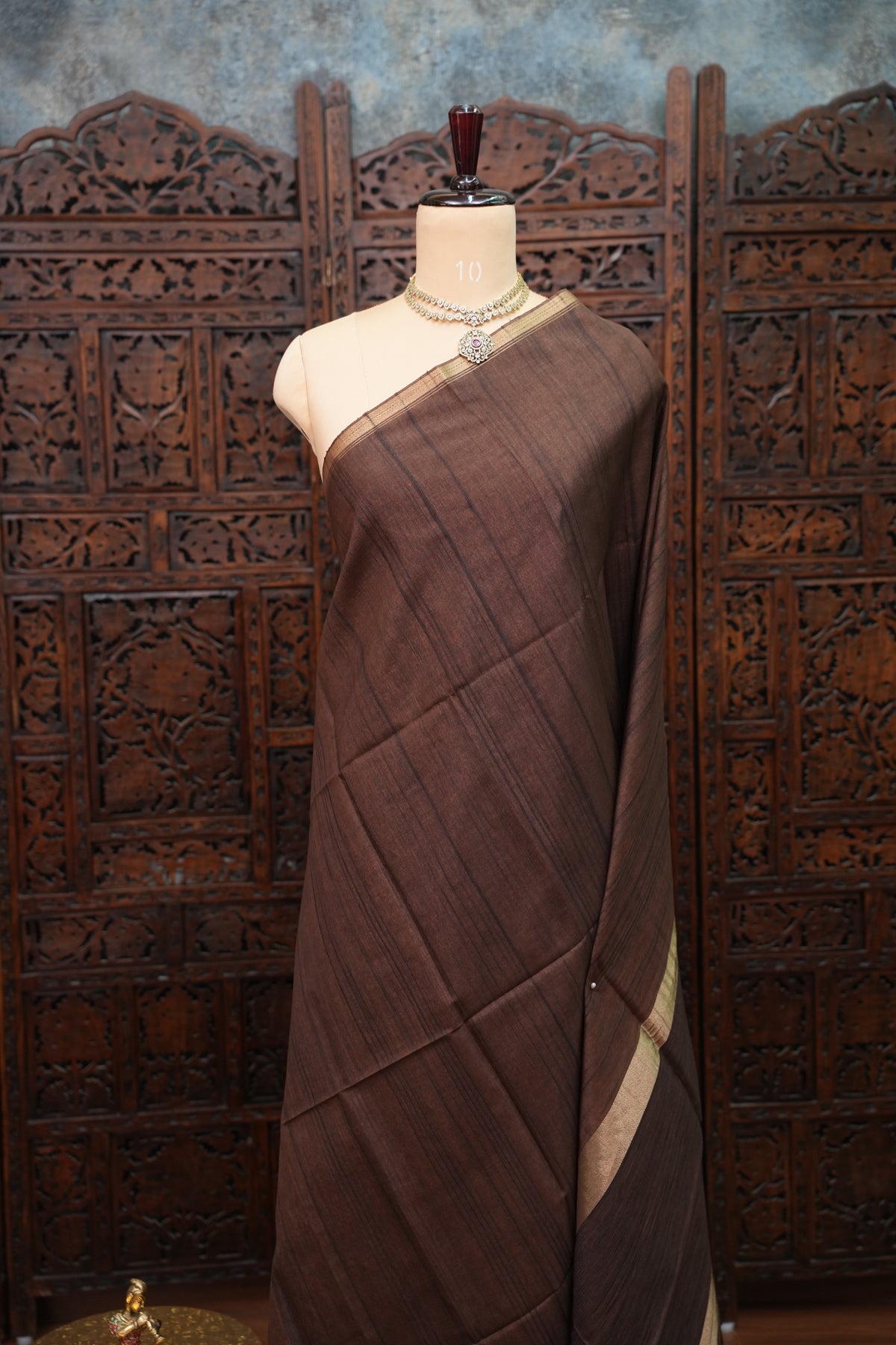 Soft Tussar Raw Silk Saree with Kalamkari Printed Blouse – Coffee Brown