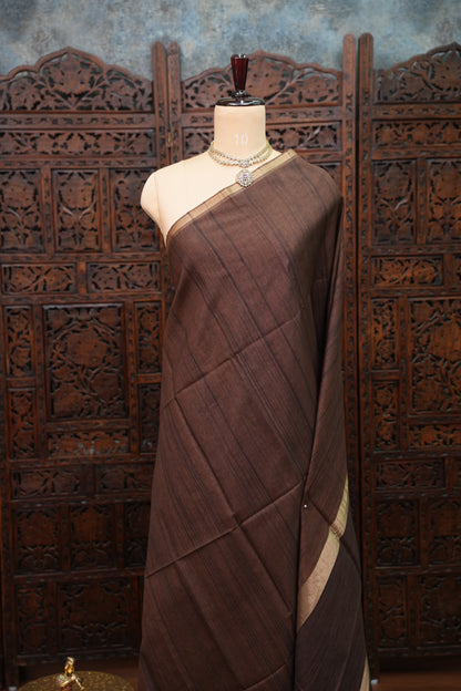 Soft Tussar Raw Silk Saree with Kalamkari Printed Blouse – Coffee Brown