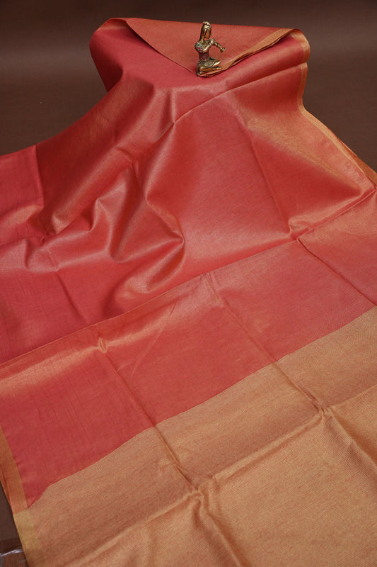 Coral Red & Gold Tissue Linen Saree