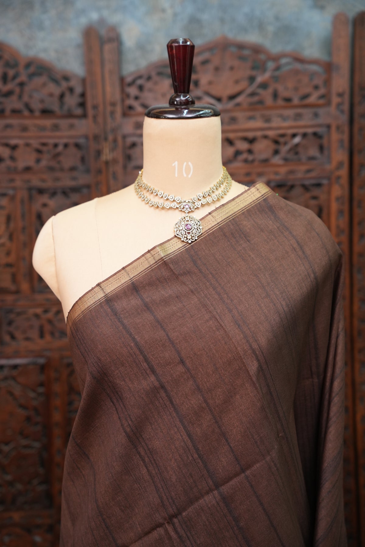 Soft Tussar Raw Silk Saree with Kalamkari Printed Blouse – Coffee Brown