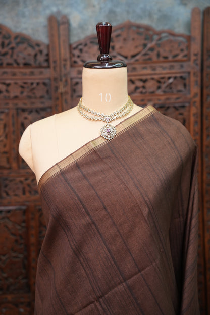 Soft Tussar Raw Silk Saree with Kalamkari Printed Blouse – Coffee Brown