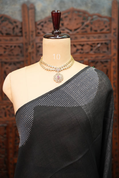 Linen Saree with Needle Embroidery – Classic Black